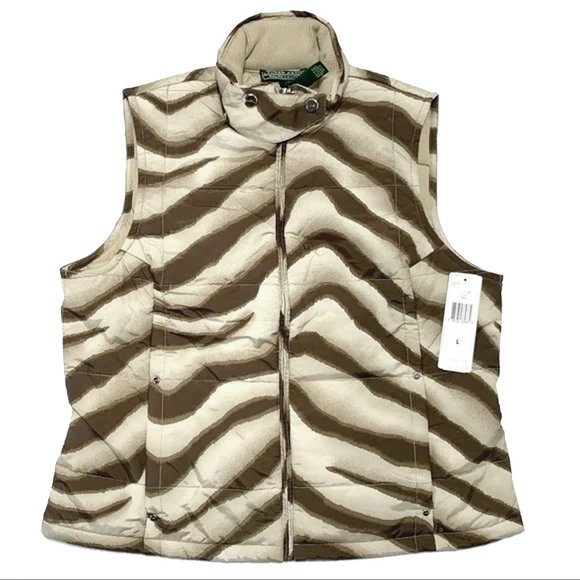 New $169 Ralph Lauren Animal Print Vest! Large  Brown, Beige & Tan Zebra Pattern - Picture 1 of 4